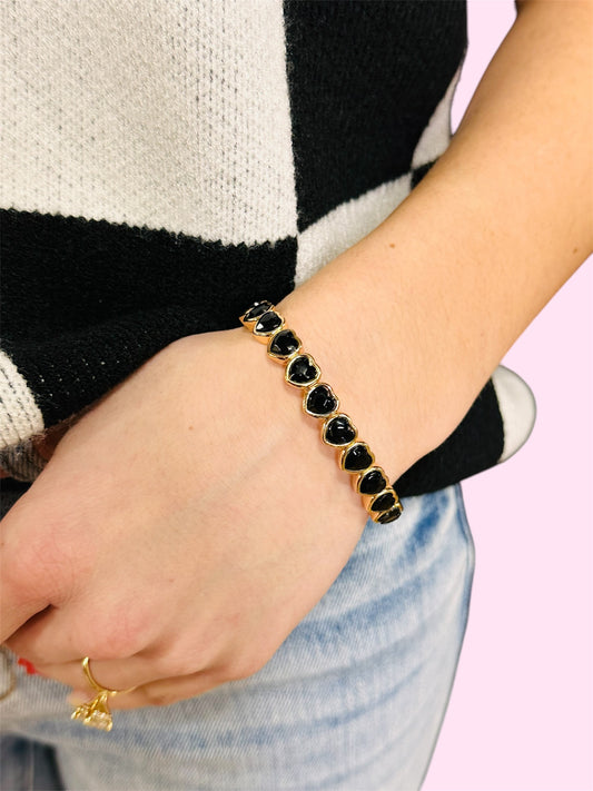 Heart Shaped Rhinestone Stretchy Bracelet-Black