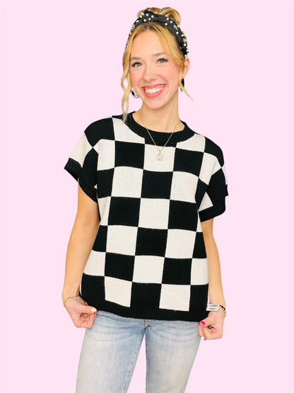 Cap Sleeve Pullover Checker Sweater Vest-Black