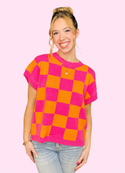 Cap Sleeve Pullover Checker Sweater Vest-Pink