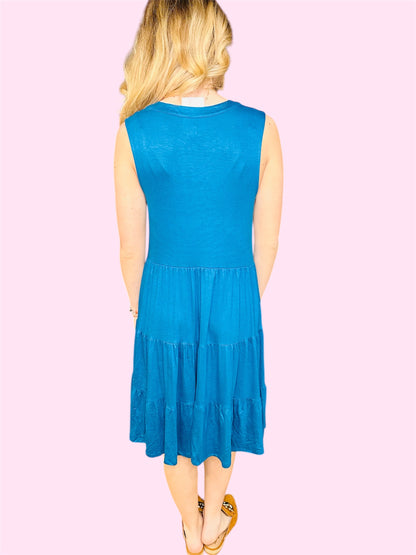 Sleeveless Front Lace Up Tiered Dress-Teal