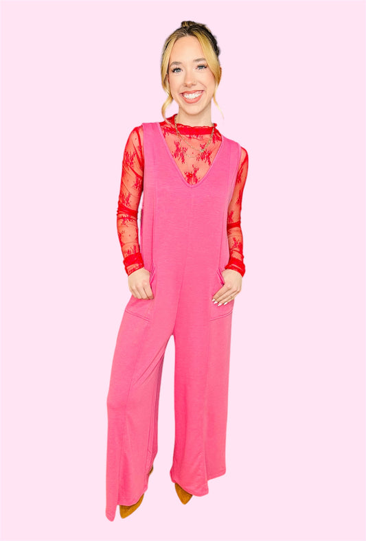 French Terry Deep V-Neck Jumpsuit-Fuchsia