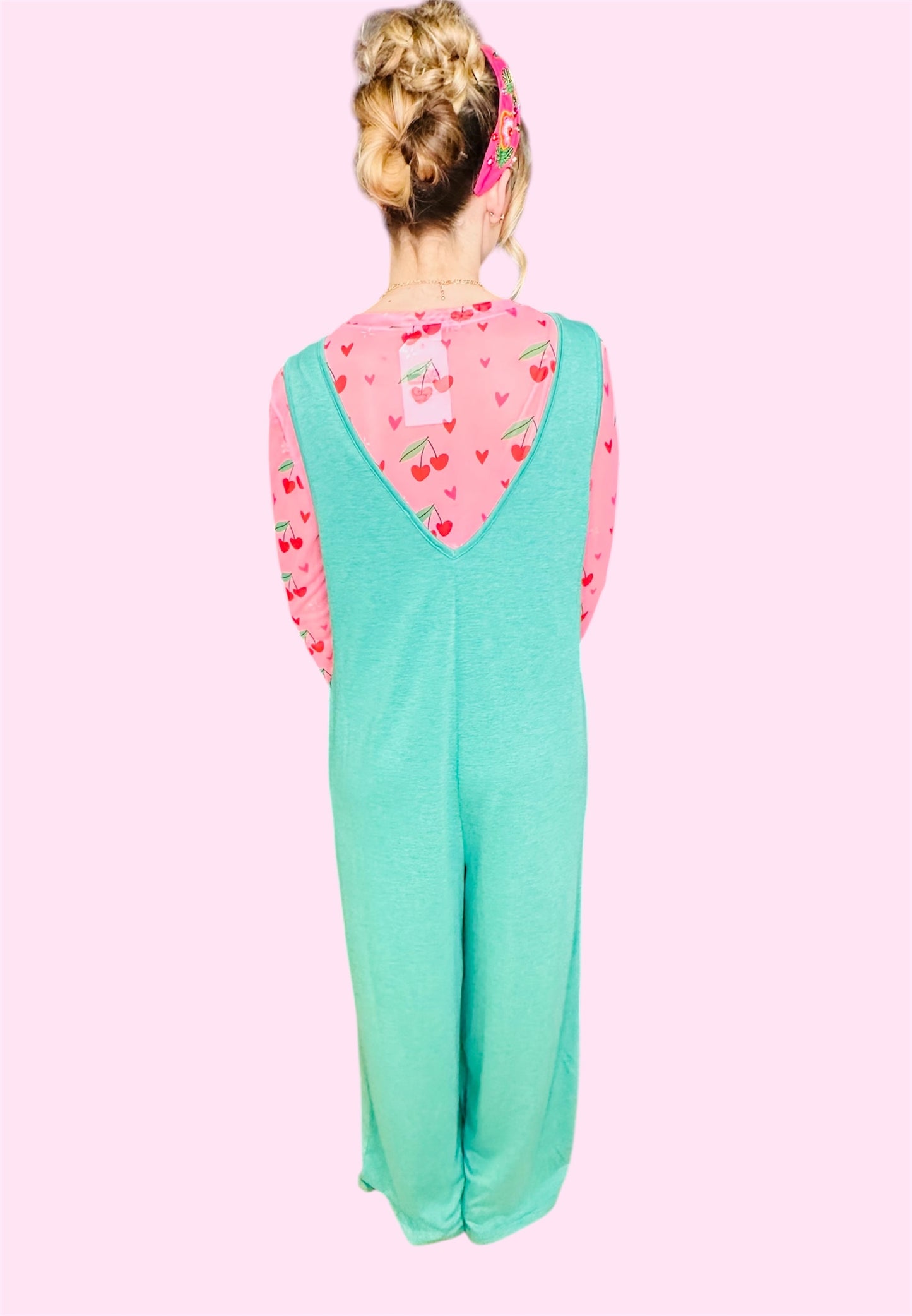 French Terry Deep V-Neck Jumpsuit-Kelly Green