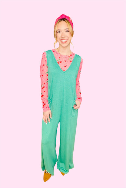 French Terry Deep V-Neck Jumpsuit-Kelly Green