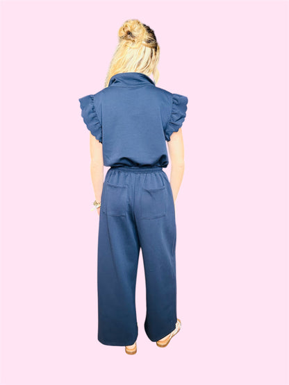 Zip Up Ruffle Jumpsuit- Navy