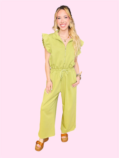 Zip Up Ruffle Jumpsuit- Avocado