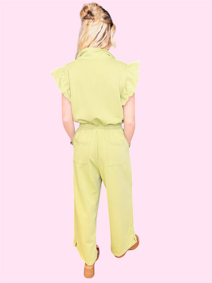 Zip Up Ruffle Jumpsuit- Avocado