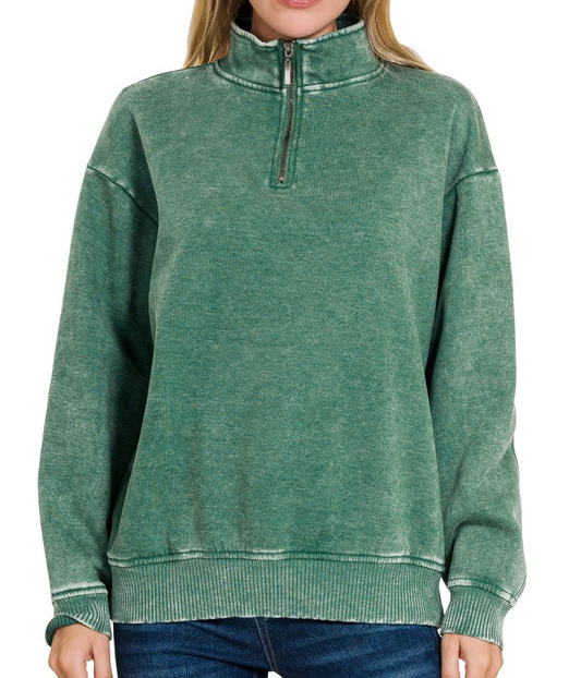 Acid Washed Fleece Half Zip Pullover-Green