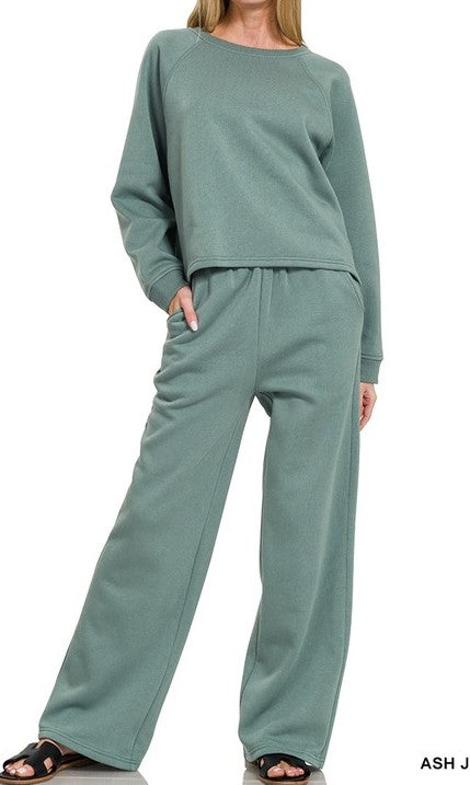 Fleece Raglan Sleeve Sweatpant Set-Ash Jade