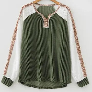 Olive Ribbed Lace Sleeve Henley Top