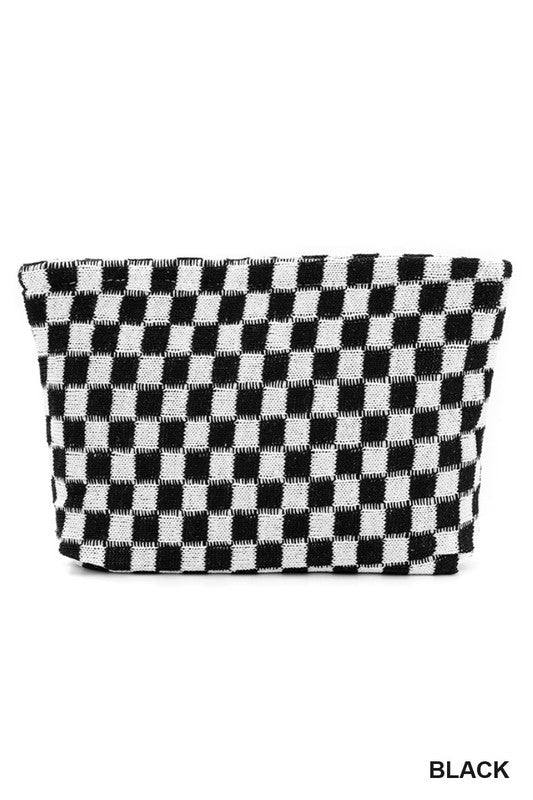 Check Zippered Cosmetic Pouch-Black