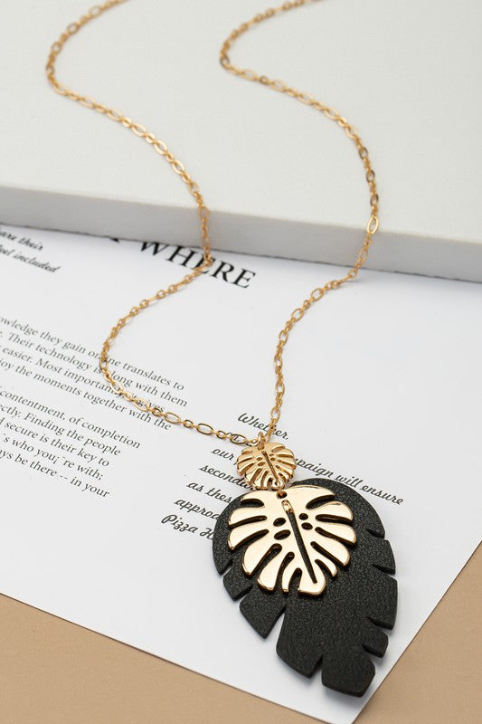 Faux Leather and Metal Leaf Necklace
