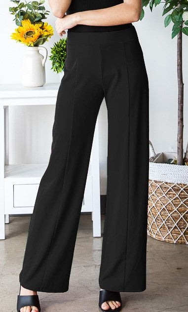 Wide Leg Pants w/Waistband Detail-Black