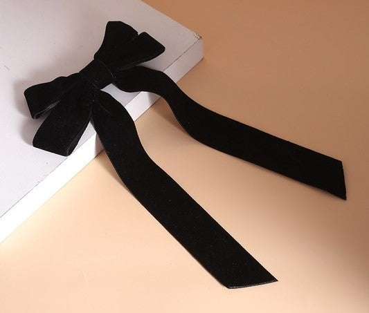 Velvet Long Ribbon Hair Clip-Black