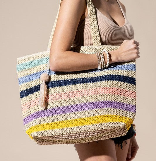 Multicolor Stripe Straw Bag-Blue