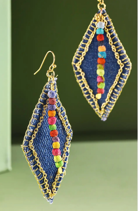 Diamond-shaped denim earrings with colorful bead accents and gold chain trim