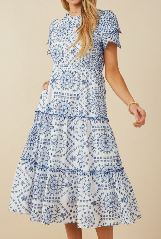 Blue Eyelet Midi Dress