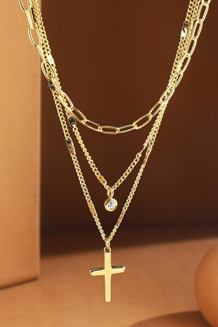 Crystal/Cross 3-Layer Necklace