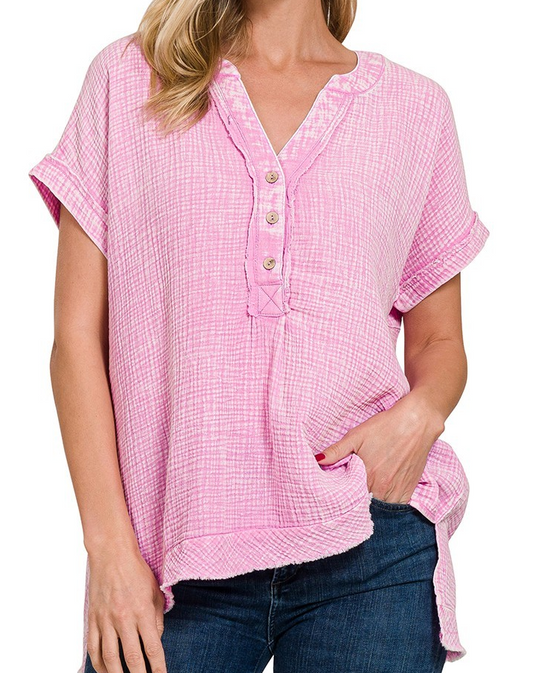 Washed Gauze 3/4 Button Henley-Candy Pink