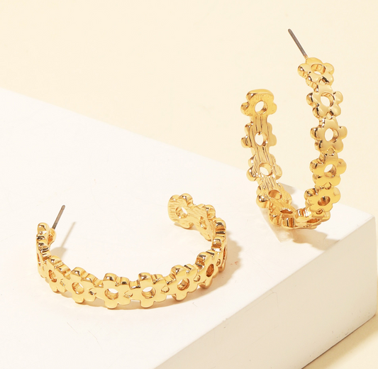 Gold Metallic Flower Hoop Earrings