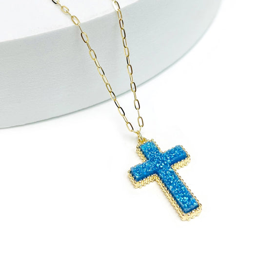 Faithfully Bold Cross Necklace- Blue