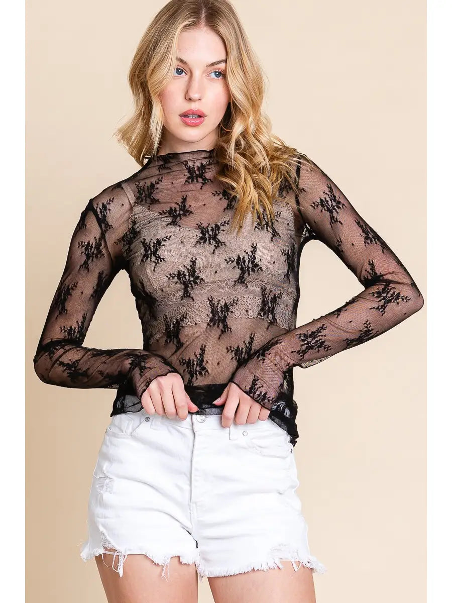 Sheer Elegance Lace Long Sleeve Top- Plus