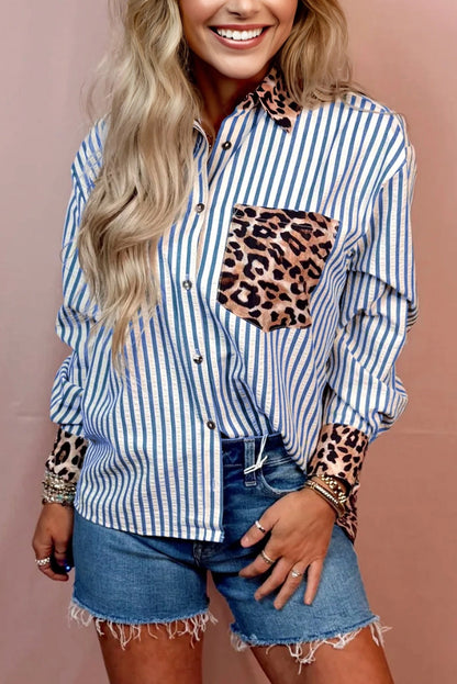 Blue Stripe Button-Down with Leopard Accents
