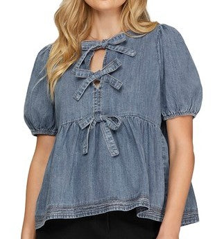 Washed Denim Top w/Bows