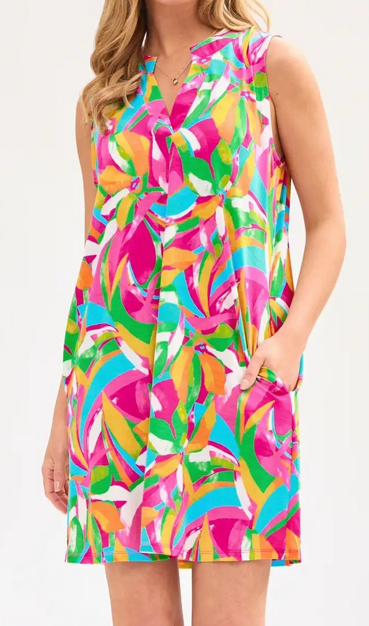 Sleeveless Tropical Print Lizzy Dress-Hot Pink