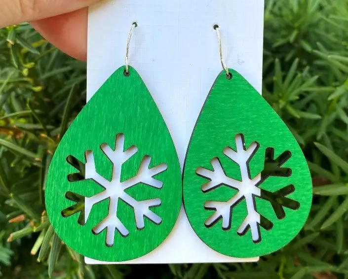 Wooden Snowflake Earrings-Green