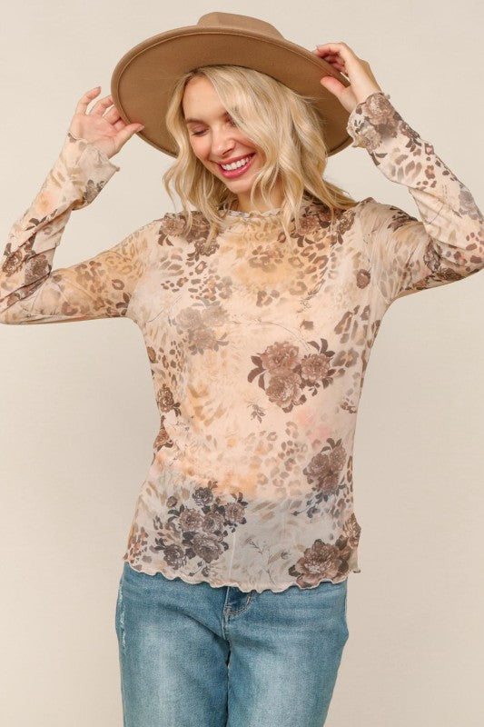 Camel Leopard Mesh Top