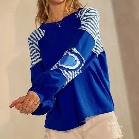 Blue French Terry Top with Heart Sleeve Patch