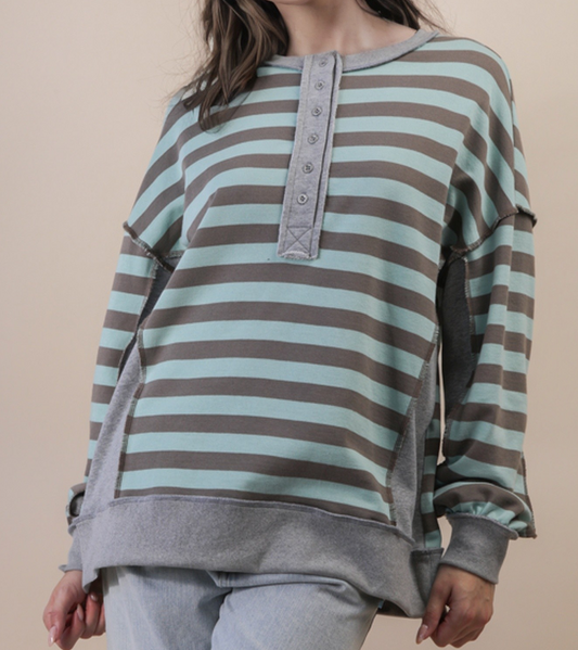 Oversized Stripe 1/2 Button Pullover