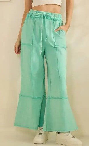 Mineral Washed Terry Knit Pants-Aqua