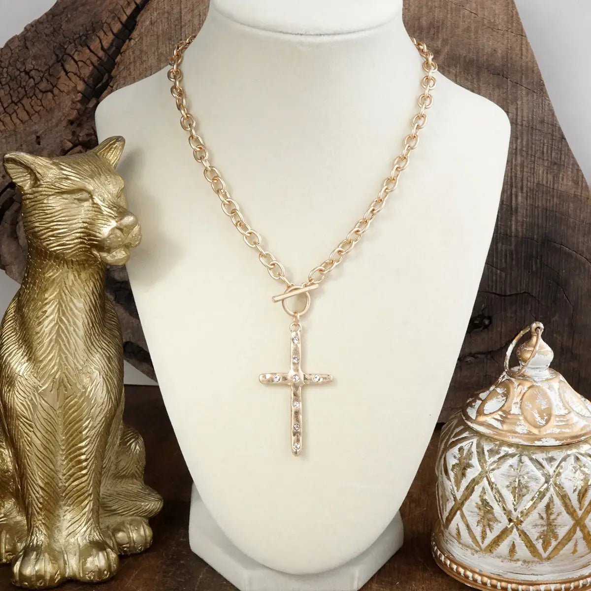 Hammered Cross Toggle Necklace- Gold