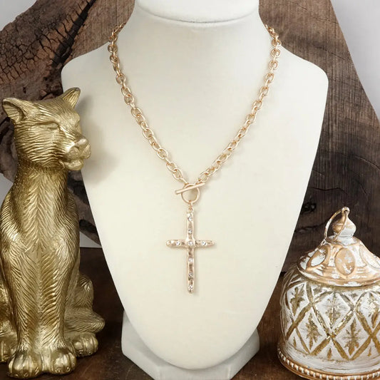 Hammered Cross Toggle Necklace- Gold