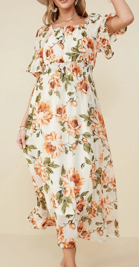 Ivory Floral Smocked Waist Dress