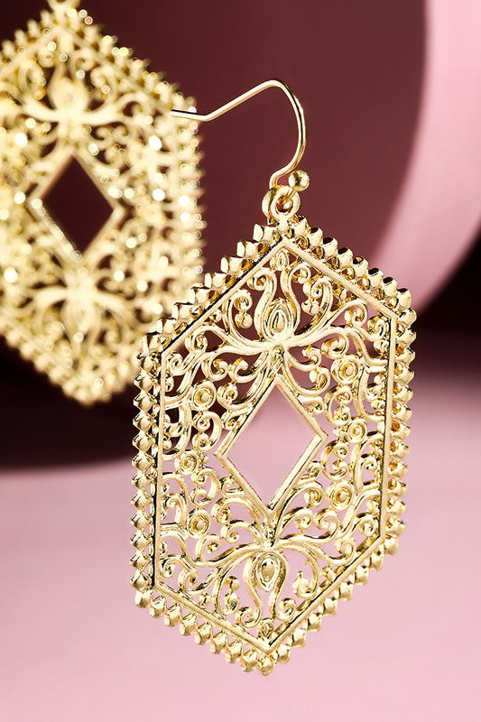 Metal Hexagon Filigree Earrings