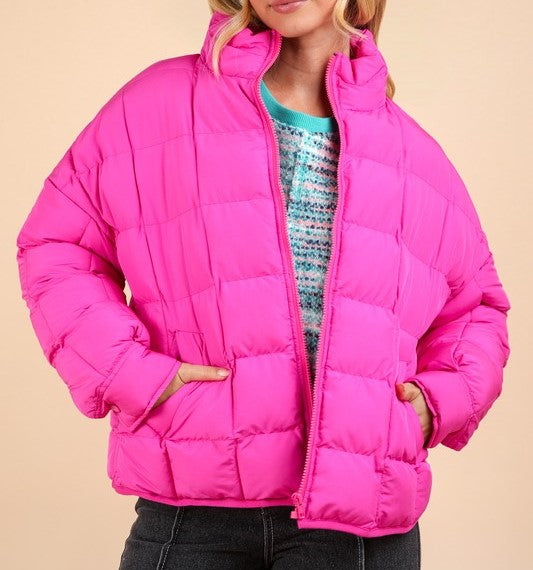 Solid Puffer Zip Up Jacket-Fuchsia