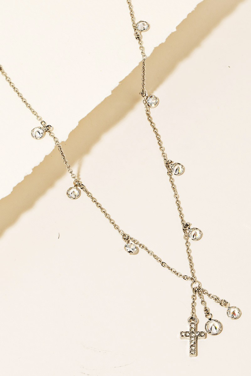 Silver Pave Cross & Rhinestone Charm Necklace