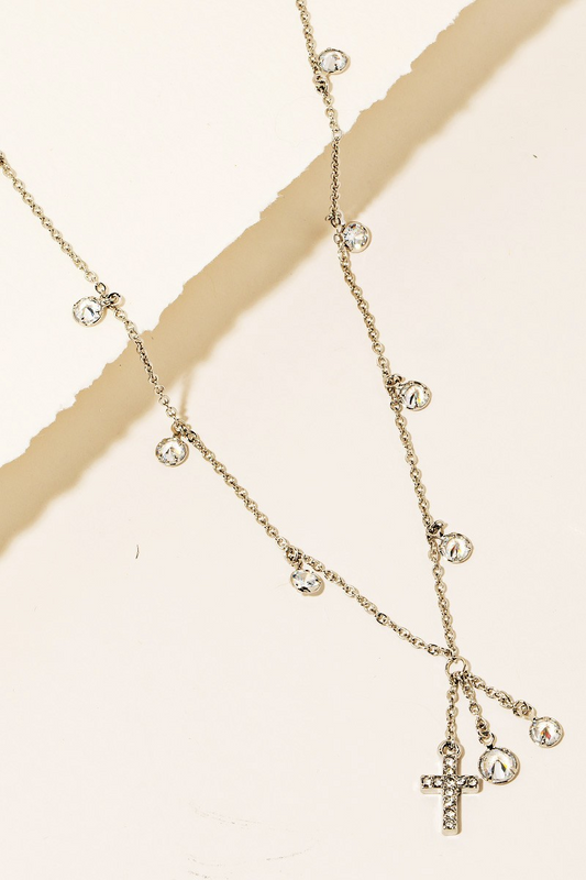 Silver Pave Cross & Rhinestone Charm Necklace