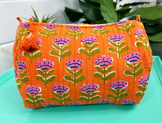 Orange Floral Quilted Cosmetic Bag