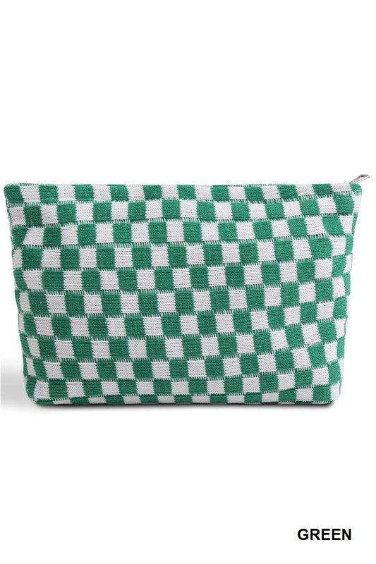 Check Zippered Cosmetic Pouch-Green