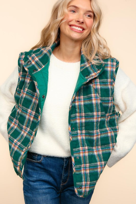 High Neck Snap Plaid Vest