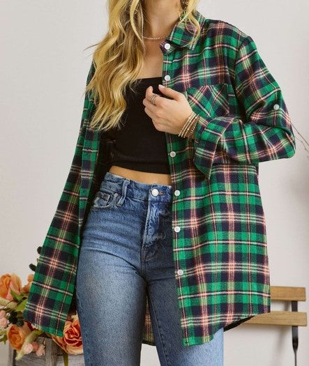 Button Down Plaid Flannel-Green