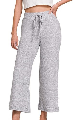 Cropped Soft Hacci Drawstring Pants-Gray