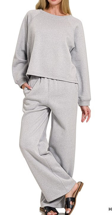 Fleece Raglan Sleeve Sweatpant Set-Heather Grey