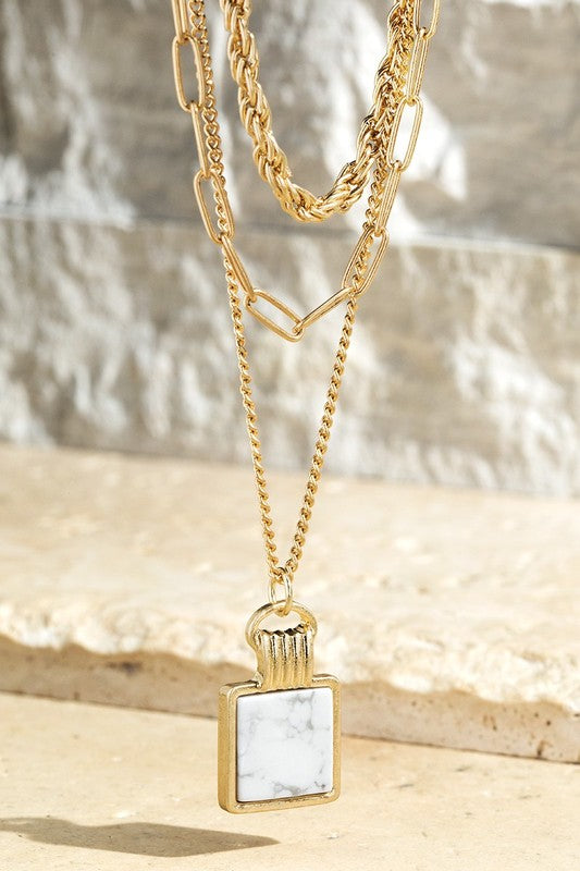 Natural Square Stone w/Layered Chain Necklace