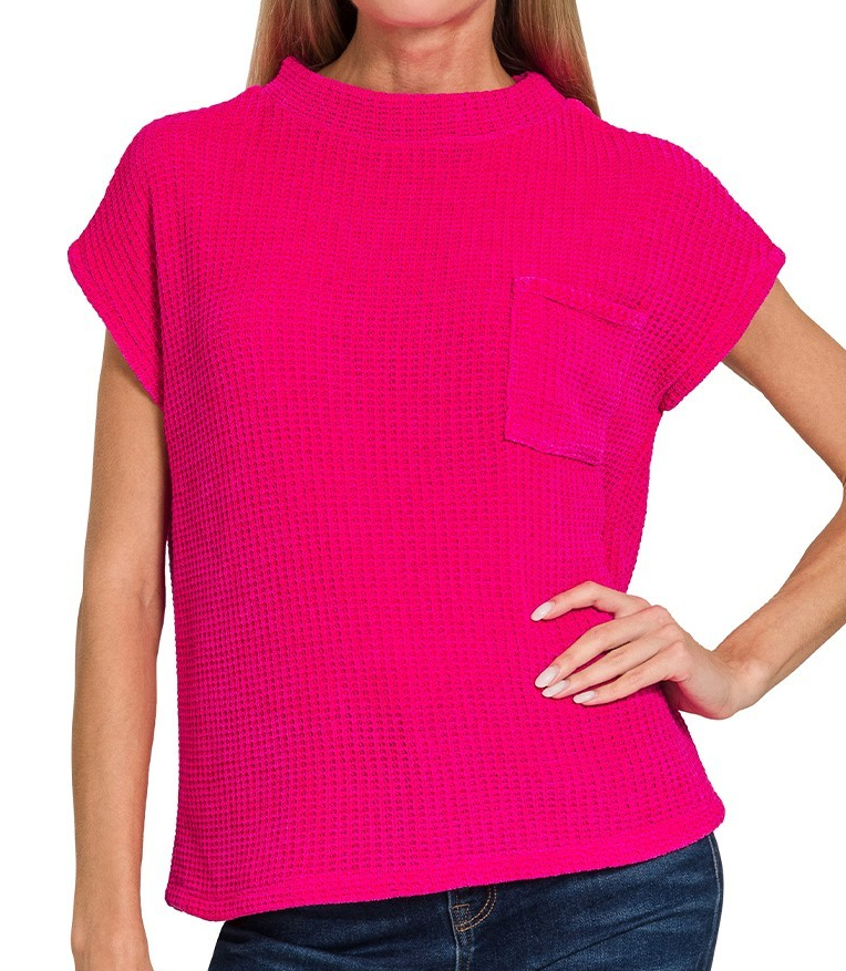 Chenille Waffle Cap Sleeve Sweater-Hot Pink