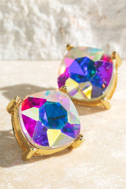 Faceted Glass Stud Earrings-Iridescent