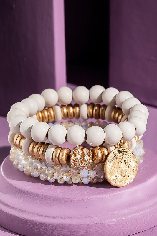 3-in-1 Stretch Bracelet w/Hammered Charm-Ivory